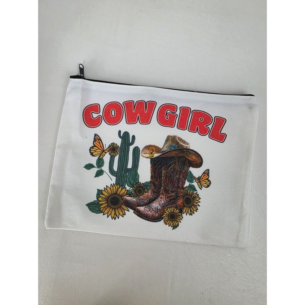 New Cowgirl Printed Canvas Zipper Pouch With Sunflowers & Cactus Design 9"x7"
